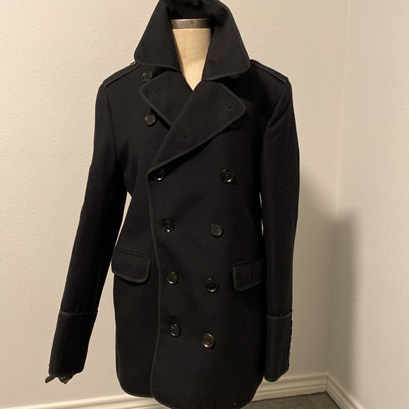 NWOT BURBERRY STUNNING MENS 100% WOOL PEA COAT SIZE LARGE/ 52 EXCELLENT CONDITI - Picture 2 of 16